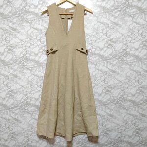 Carine Long Flare One-Piece Jumper Skirt V-Neck Side Buttons Beige